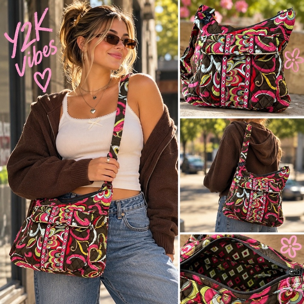 Vera Bradley Puccini Hipster Crossbody Bag Retired Quilted Brown Coral Y2K